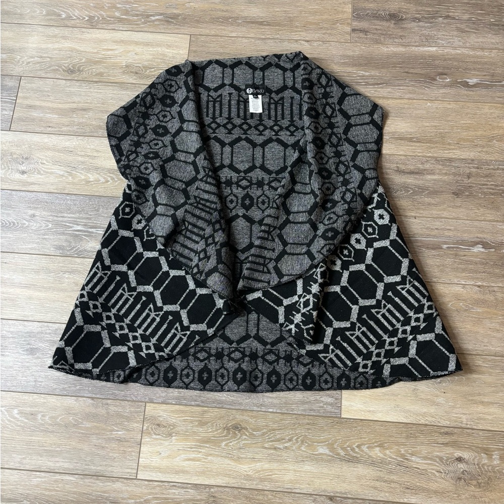 Baku Cardigan Women's Sz XL Black/Gray Sleeveless Wool Blend Lagenlook Artsy